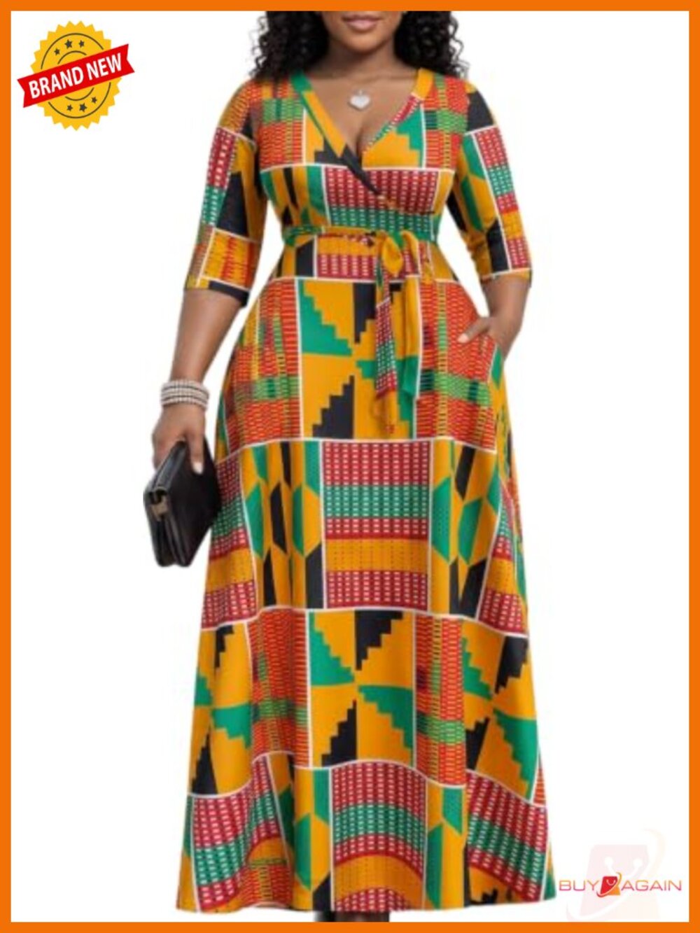 Women Floral Maxi Dress V-Neck 3/4 Sleeve Bohemian A-Line Party
